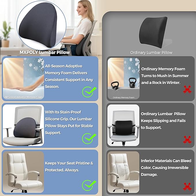 Lumbar Support Pillow for Office Chair & Car Seat - Temperature Stable Memory Foam for Lower Back Pain Relief, Non-Slip Back Cushion with Dual Straps for Desk Workers & Drivers (Black)