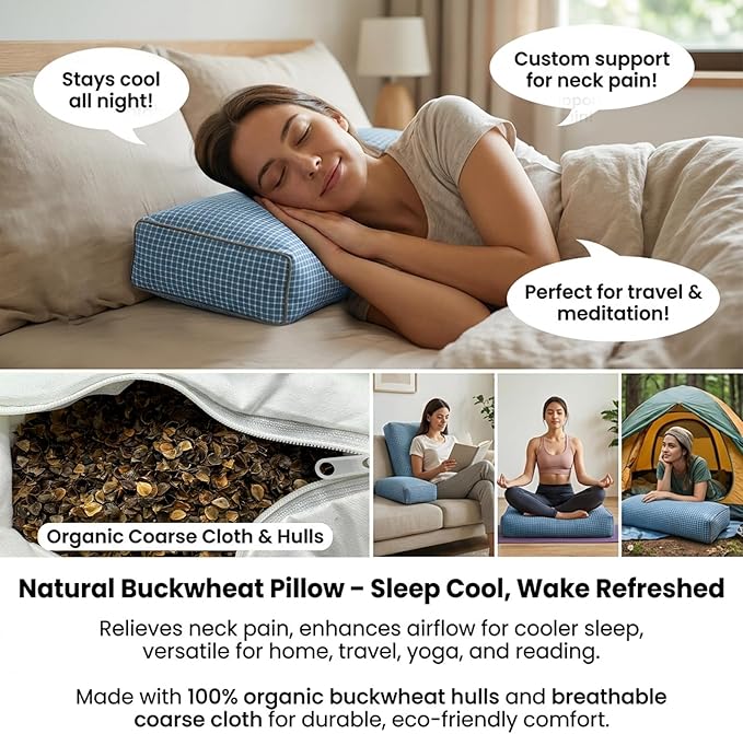 Adjustable Buckwheat Hull Pillow for Neck Pain Relief (21x8x4) Natural Cooling Cervical Support Camping Pillow for Side & Back Sleepers with Night Sweats (xiaoge Blue)
