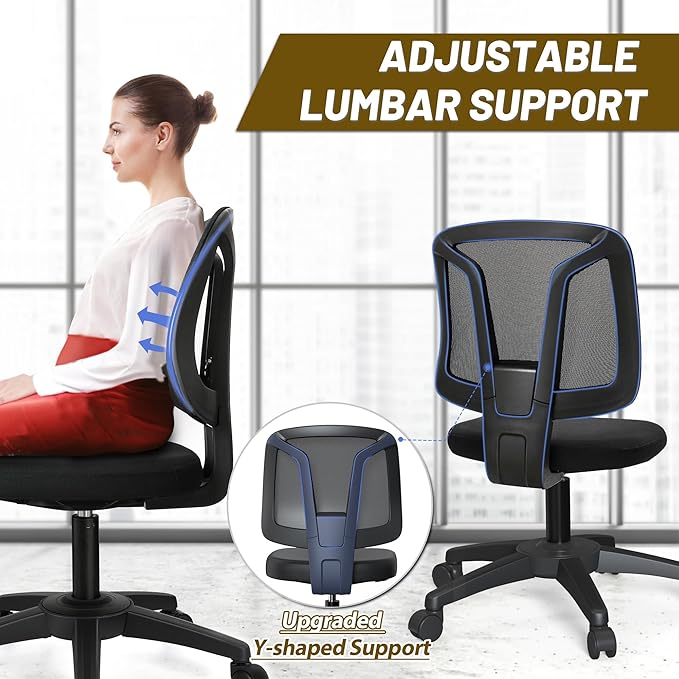 Small Ecgonomic Flexible Computer Home Task Chair Swivel No Arms with Adjustable Height and Lumbar Support for Adult and Child