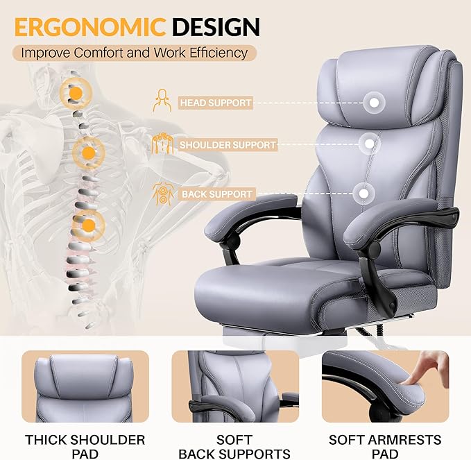 HeroSet Big and Tall Office Chair with Foot Rest, 400lbs Ergonomic Reclining High Back Executive Leather Chair, Lumbar Support Swivel Computer Desk Chairs for Heavy People Home Office Gaming(Gray)