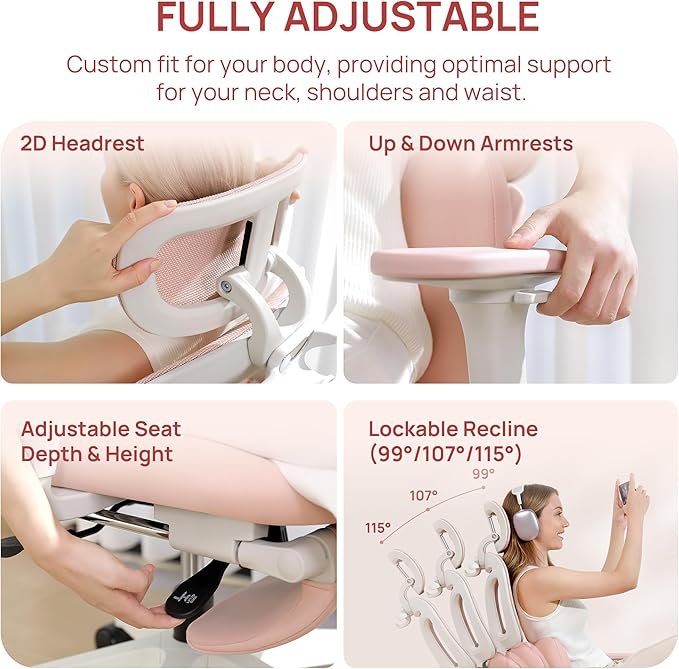 CabLady S1 Petite Ergonomic Home Desk Chair with Footrest and Headrest, High Back Fixed Lumbar Support with Detachable Pillow, Reclining Cute Office Chair for Women & Girls, 300 LBS Capacity