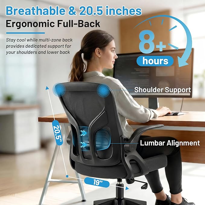 Office Chair Ergonomic Desk Chair with Adjustable Lumbar Support, High Back Breathable Mesh Chair with 120° Tilt Function & Flip-Up Armrests, Swivel Comfy Task Computer Chair for Work, Study