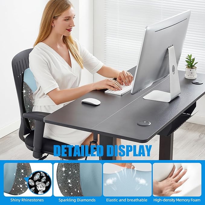 Lumbar Support Pillow with Diamond, Memory Foam Lumbar Pillow for Office Chair for Lower Back Pain Relief, Car Lumbar Support for Driving Seat, Back Support Pillow for car Chair(Blue)