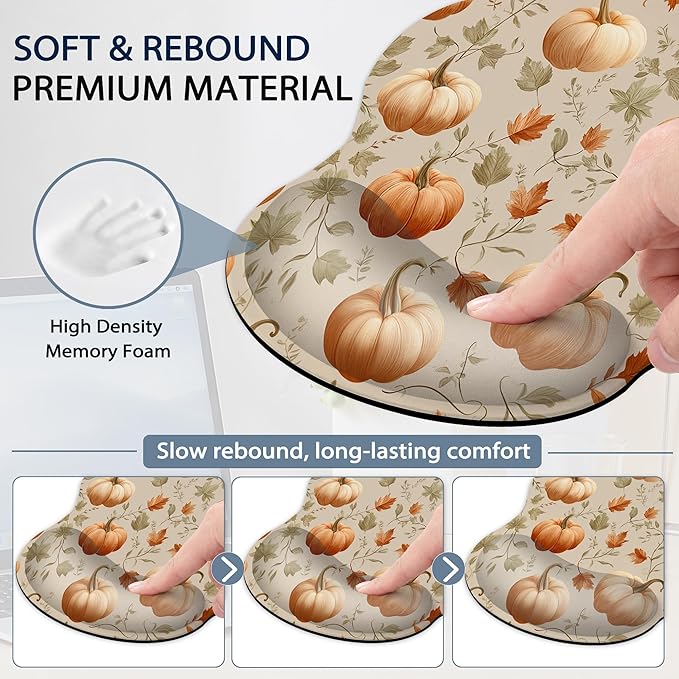 Pumpkin Wrist Rest Support for Mouse Pad Keyboard Set, Autumn Maple Leaves Mouse Pad with Non Slip Rubber Base for Home and Office Typing Support