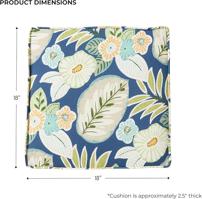 Outdoor 18 inch Square Patio Dining Chair Pads – Comfortable Fiber-Filled Seat Cushions with Ties, Reversible Polyester Fabric - Marlow Blue Floral, Set of 2