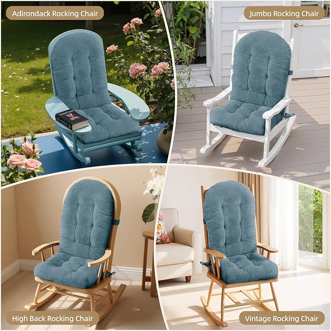 Rocking Chair Cushion - Corduroy Fabric, High-Density Sponge, Durable Comfort Non-Slip Bottom Tufted Seat Pads with Ties, Corduroy︱Blue, 44x19x4 inch