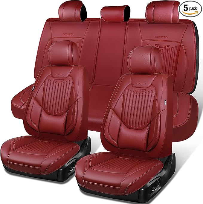 CAR PASS Luxury Nappa Leather Car Seat Covers Full Set, Lumbar Support Seat Covers for Car 5 Seats, Waterproof Car Seat Protector, Automotive Seat Covers Universal Fit for Sedans SUV Trucks Burgundy
