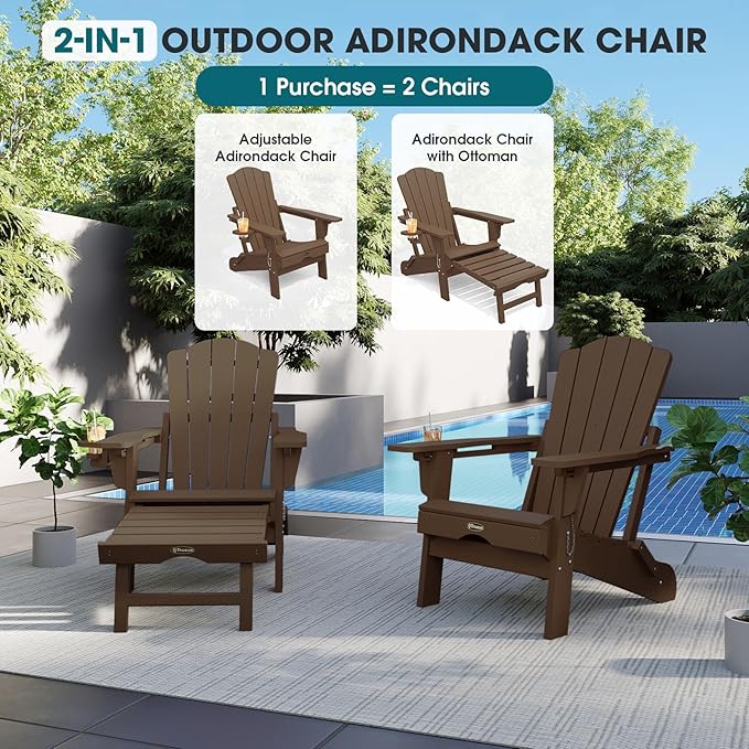 THOEOE Adjustable Adirondack Chair with Retractable Ottoman, HDEP Folding Adirondack Chairs with Footrest 2-in-1 Cup Holder, All Weather Outoor Fire Pit Chair with Foot Rest Set 8 Brown