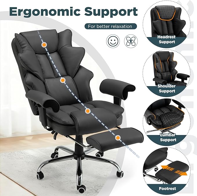 HOMREST Ergonomic Executive Office Chair with 6-Point Vibration & Heat - Reclining Managerial Chair with Adjustable Footrest and Armrests,Big and Tall Leather Home Office Desk Chairs(Black)