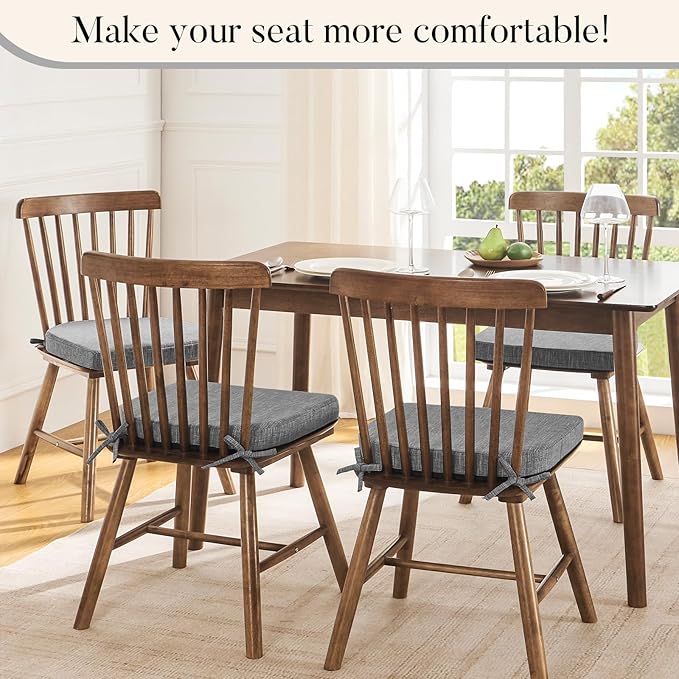Basic Beyond Chair Cushions for Dining Chairs 4 Pack, Kitchen Chair Cushions with Ties and Non Slip Backing, 16 x 16 inches Chair Pads for Dining Chairs (Dark Grey)