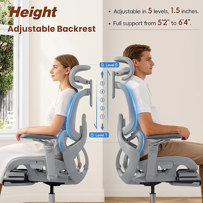 GABRYLLY Ergonomic Mesh Office Chair with Footrest - Big and Tall Desk Chair with 5-Level Adjustable Back Support, Comfy Sliding Seat, 3D Headrest, 4D Armrest, 150° Tilt Computer Executive Chair