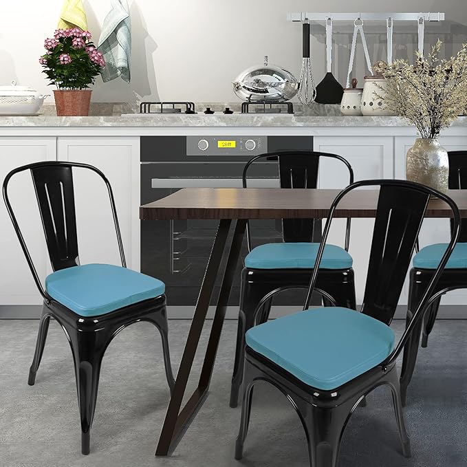 SINOSSO Modern Faux Leather 14" Metal Chair Cushions Set of 4, Leathaire Magnetic Chair Pads for Dining Kitchen Cafe Bistro Stackable Chairs (U-Shape, Blue, 4)