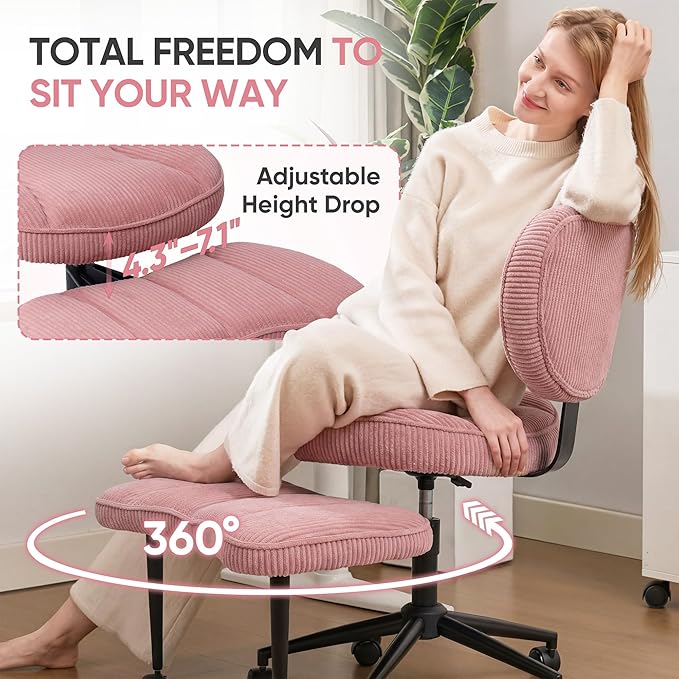 Criss Cross Office Chair with Wheels, Adjustable-Height Backrest & Swivel Footrest, Ergonomic Cross Legged Office Chair with Leg Rest for Kneeling Meditation Yoga ADHD (Pink Canvas)