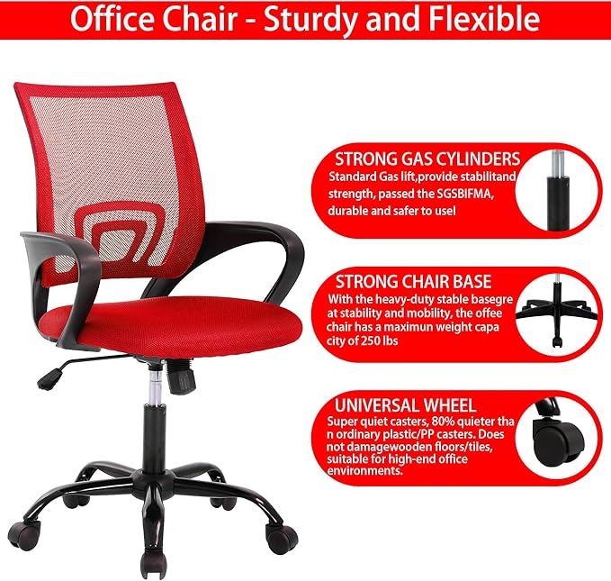 Mid-Back Ergonomic Office Chair - Supportive Mesh Computer Chair with Armrest, Adjustable Height, Swivel & Lumbar Support, Metal Base, Red
