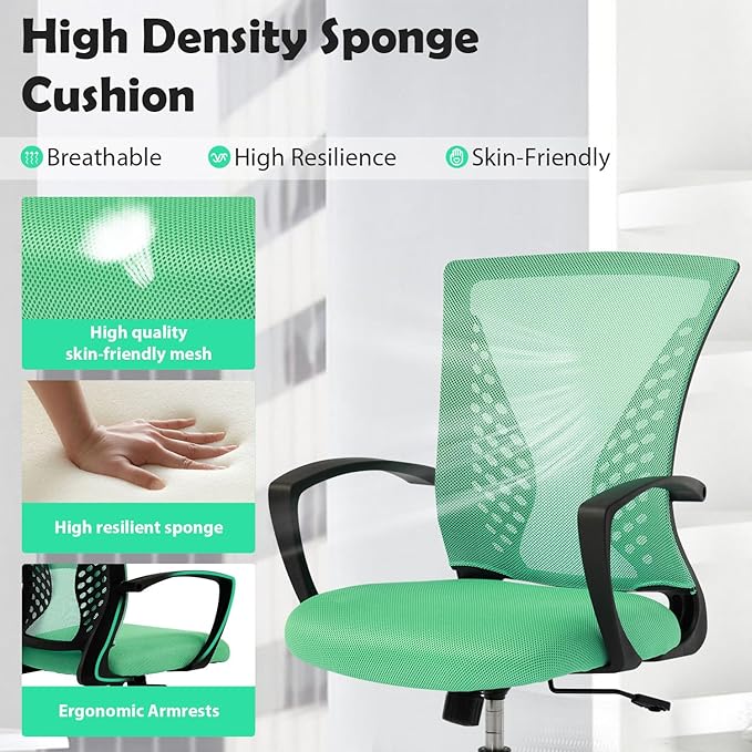 Comfortable Office Chair for Home - Ergonomic Computer Chair with Mesh Back & Lumbar Support, Adjustable Swivel Task Chair for Long Sitting, Mid Back Design (Green)