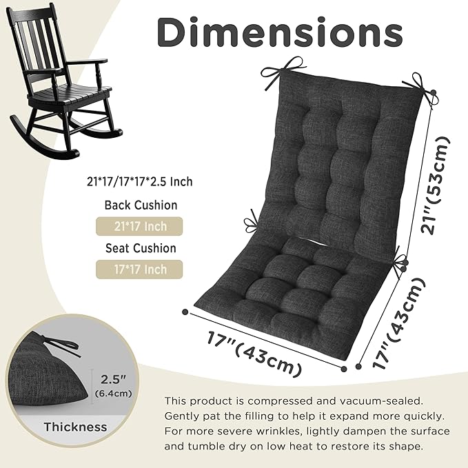 AddGrace Rocking Chair Cushions Indoor Tufted Cushions for Rocking Chairs with Ties Comfortable Textured Fabric Set of Seat & Back Cushion 21x17/17x17 Black