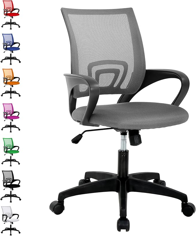 MKDLUFEI Modern Grey Mesh Office Chair with Lumbar Support Arms, Adjustable Height, Breathable Mesh Backrest, Comfortable Home Office Desk Chair for Adults