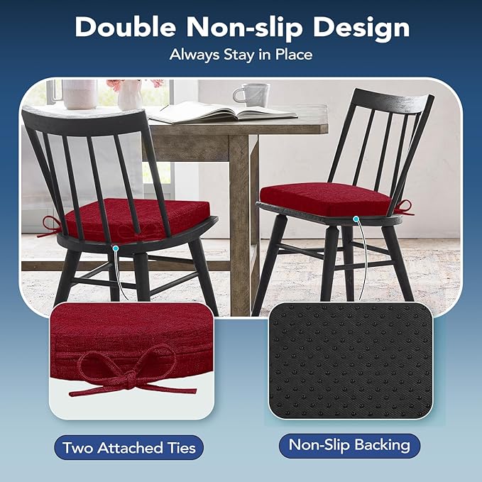 Chair Cushions for Dining Chairs, Non Slip Chair Pads with Ties and Washable Covers, Memory Foam Kitchen Chair Cushions Set of 4, 16"X16"X2.5", Red