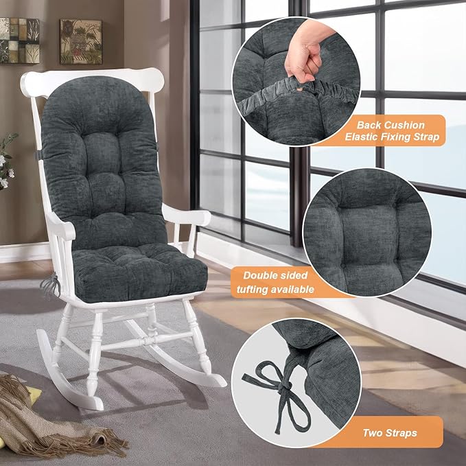 Rocking Chair Cushion - Chenille Fabric, High-Density Sponge, Durable Comfort Double-Sided Tufted Seat Pads with Ties, Chenille︱Dark Gray, 44x19x4 inch