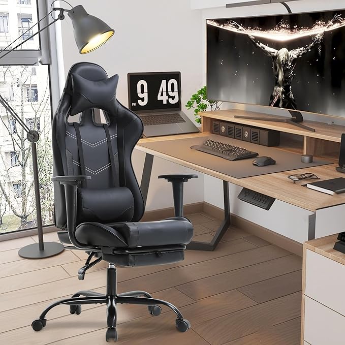 BestOffice | Ergonomic Gaming Chair | Black | Reclining Computer Chair with Lumbar Support, Headrest Pillow, Adjustable Footrests | 360 Swivel with Heavy Duty Wheels | for Home & Office