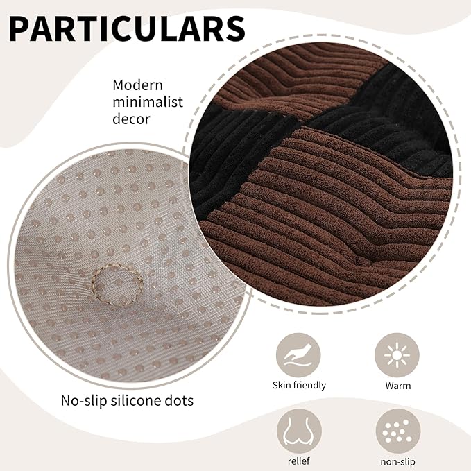 Office Stacking Chair Cushion with Ties, Corduroy High Density Foam Non-Slip Kitchen Seat Cushion, Square 17" x 17" Indoor Dining Chair Pads, Black+ Brown, 1 PCS