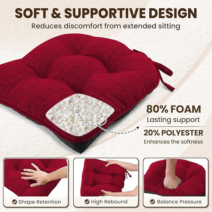 downluxe Indoor Chair Cushions for Dining Chairs, Tufted Overstuffed Textured Kitchen Chair Pads with Ties and Non-Slip Backing, 16.5" x 16.5" x 4", Red, 4 Pack