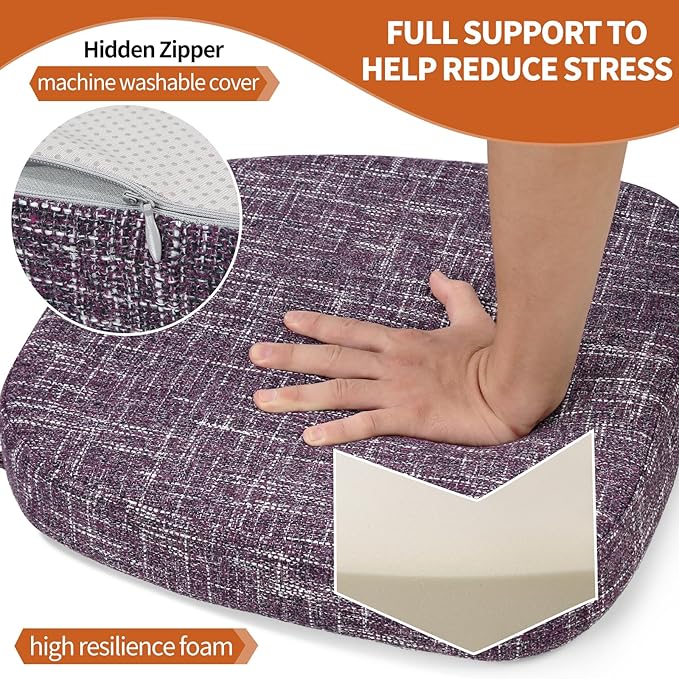 SINOSSO Chair Cushions for Dining Chairs, Soft Blended 2.5" High Density Support Foam Kitchen Seat Cushions with Ties, U-Shaped Non-Slip Indoor Chair Pads, 16.5" x 16", 4 PCS, Purple