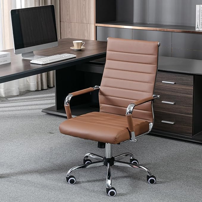 Okeysen Office Desk Chair, Ergonomic Leather Modern Conference Room Chairs, Executive Ribbed Height Adjustable Swivel Rolling Chair for Home Office