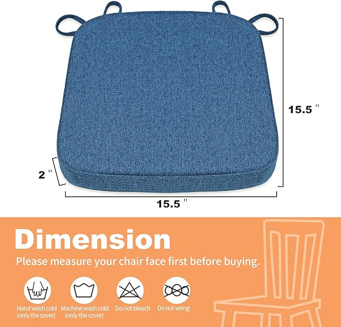 SINOSSO Memory Foam Chair Cushions for Folding Chairs 4 Pack, Thickened 2" Square Pads with Ties for Kitchen Chairs, Indoor Non-Slip Dining Chair Seat Cushions (Set of 4, Blue)