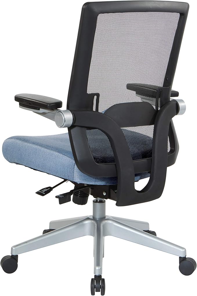 Space Seating 867 Series Adjustable Manager's Chair with Breathable Mesh Back, Lumbar Support and Padded Flip Arms, Blue Fabric Seat with Silver Nylon Base