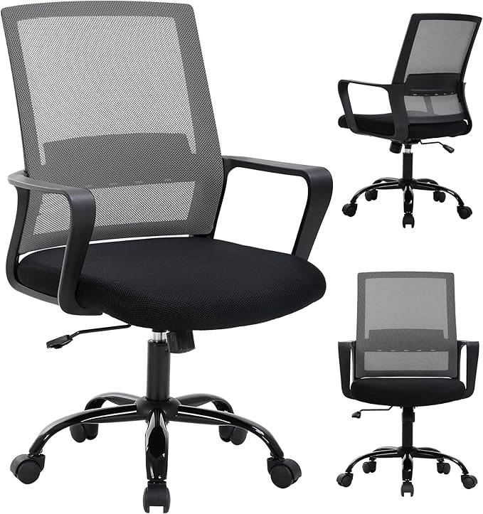 Ergonomic Office Chair, Breathable Mesh Desk Chair, Swivel Computer Chair with Wheels & Adjustable Height & Comfort Seat for Home Office, Gaming Room, Grey
