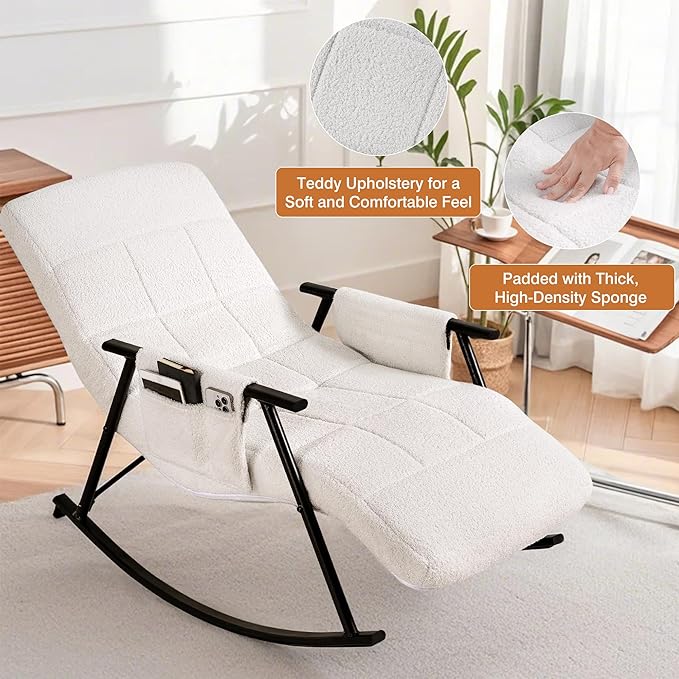 VECELO High Back Nursery Rocking Chair with Foot Rest, Teddy Upholstered Reclining Glider Rocker, Comfy Armchair Padded Seat Removable Side Pockets for Living Room, Bedroom, Balcony, White