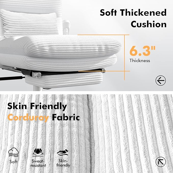 GXJ Criss Cross Chair with Flip-up Arms, Executive Office Chair with Foot Rest, Swivel Cross Legged Office Chair with Lumbar Pillow&Headrest, Corduroy Comfy Computer Desk Chair for Home, White