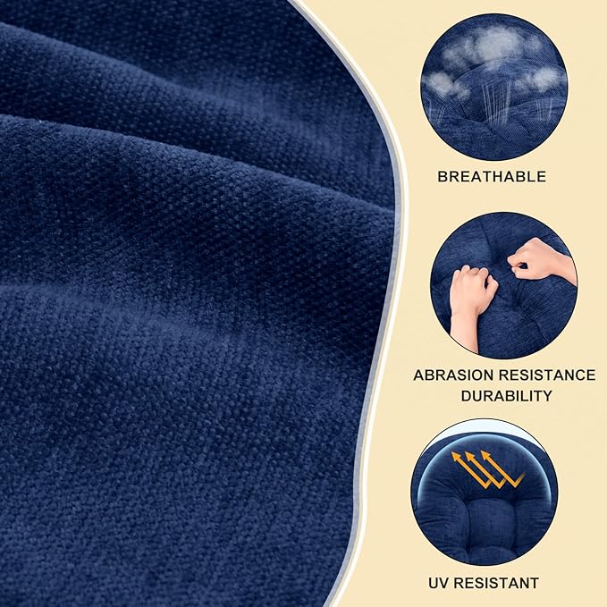 Rocking Chair Cushion - Chenille Fabric, High-Density Sponge, Durable Comfort Non-Slip Bottom Tufted Seat Pads with Ties, Chenille︱Dark Blue, 44x19x4 inch