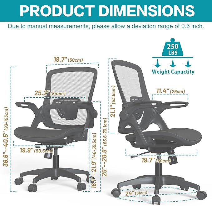 Ergonomic Mesh Office Chair Comfy Swivel Black Home Desk Chair Comfortable Modern Computer Chair Flip Up Arms with Lumbar Support Task Chair with Wheels Office Desk Chair Adjustable Height