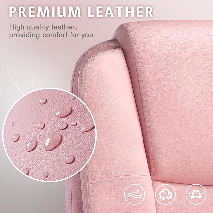 LEMBERI Office Desk Chair, Managerial Executive Chair, High Back Computer Chair, Ergonomic Height Adjustable PU Leather Chairs with Padded Armrest for Long Time Sitting, Pink