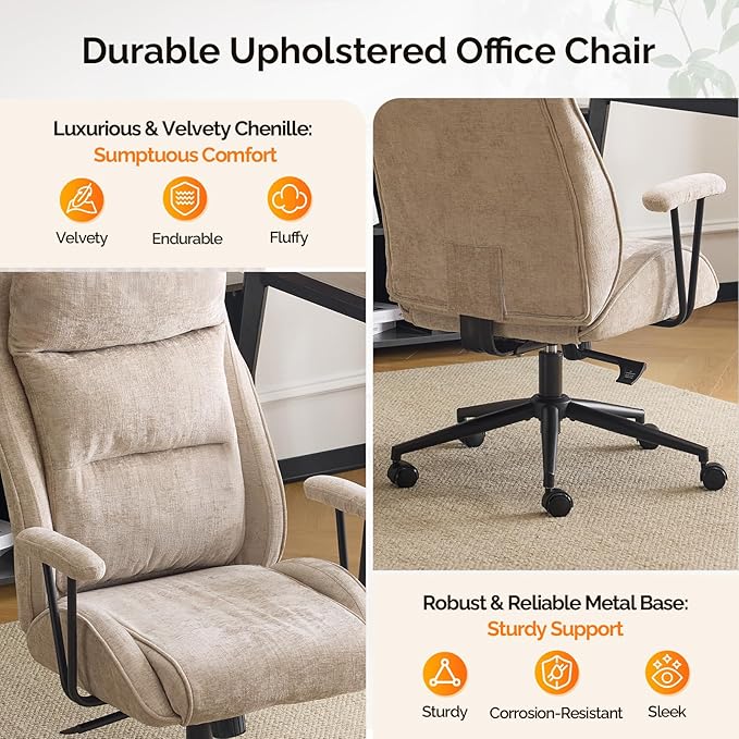 VINGLI Chenille Executive Ergonomic Fabric Office Chair with 100-130° Recline, High-Back Desk Chair with Adjustable Base & Padded Back & Wheels, Comfy Chair for Gaming,Computer,Home Office,Light Khaki