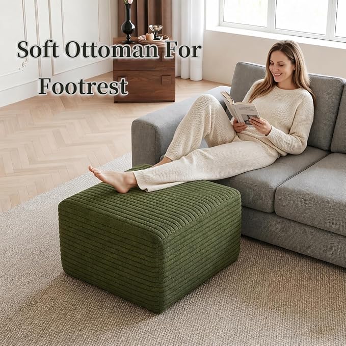 25.6" Corduroy Ottoman for Couch,Plush Memory Foam Couches Ottomans,Upholstered Boneless Couches Footrest for Living Room - Compressed Sofa in a Box No Assembly Require,Green