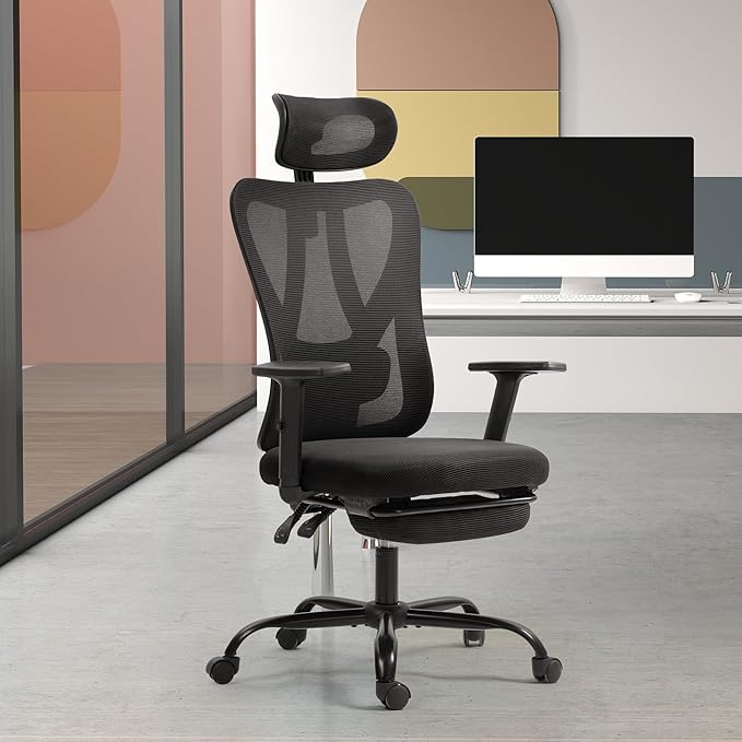 ECOTOUGE Big and Tall Office Chair, Ergonomic High Back with Adjustable Headrest & Lumbar Support, Wide Cushion Mesh Desk Chair with Retractable Footrest, Home Office/Gaming/Study Chair, Black