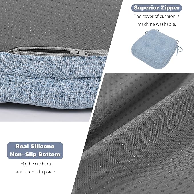 baibu Set of 4 Dining Chair Cushions, Dual-Layer Patent Design Memory Foam Kitchen Chair Cushions, Non-Slip Seat Pads with Ties, 16.5 x 16.5 x 3.5in, 4 Pack, Light Blue