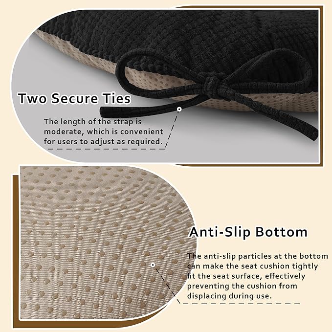 ELFJOY Dining Chair Cushions Thick Non Slip Kitchen Chair Pads with Ties Comfortable Indoor Kitchen Seat Cushions 18" x 18" x 3" (2, Black)