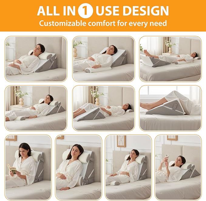 Ruqmuis 4PCS Wedge Pillow Set for After Surgery, Adjustable 9&12 Inch Bed Wedge Pillow for Sleeping, Incline Pillow Wedge for Headboard, Post Surgery, Acid Reflux, Neck&Back Support, White/Grey