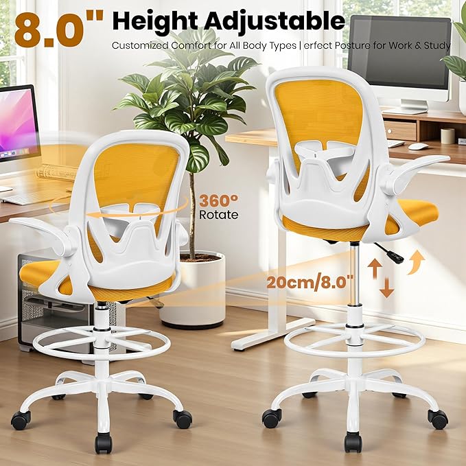 Primy Drafting Chair Tall Office Chair with Flip-up Armrests Executive Ergonomic Computer Standing Desk Chair with Lumbar Support and Adjustable Footrest Ring (Mustard)