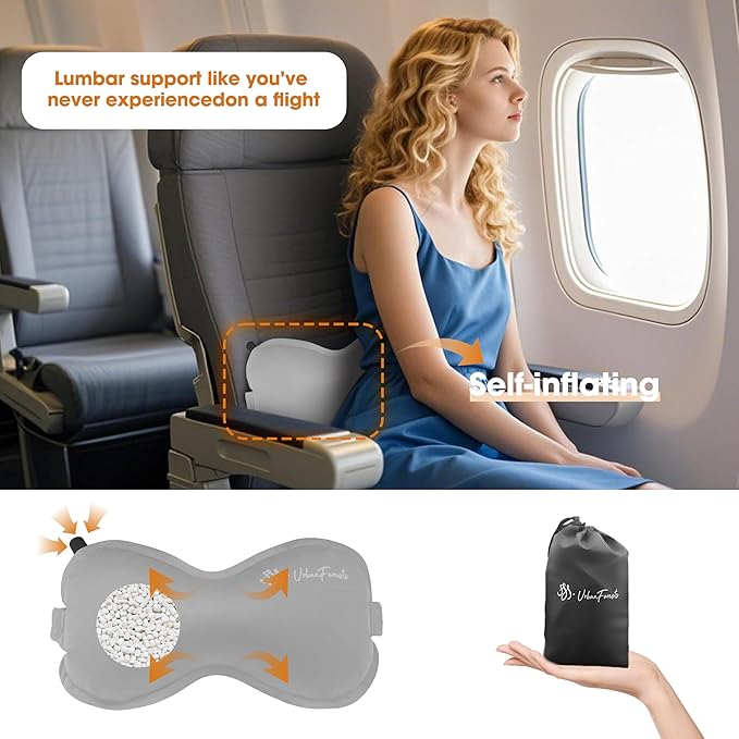 Inflatable Lumbar Pillow for Travel, Lumbar Support Self-Inflating for Car, Neck Pillow Inflatable Lumbar Support Travel Lumbar Pillow for car (Grey)