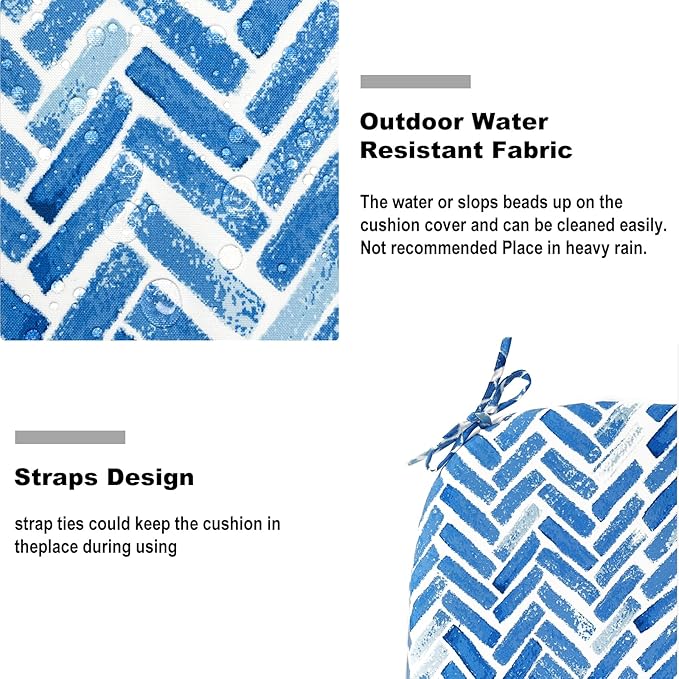DYTXIII Set of 4 Outdoor Chair Cushions with Ties,Water Repellent Patio Chair Pads 17"x 16" for Outdoor Furniture,Round Corner Seat Cushions for Garden Yard Kitchen Blue Bricks