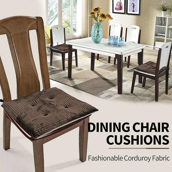 Office Stacking Chair Cushions 4 Pack, Corduroy High Density Foam Kitchen Seat Cushions with Ties, Square 17" x 17" Indoor Non-Slip Dining Chair Pads, Brown, 4pcs