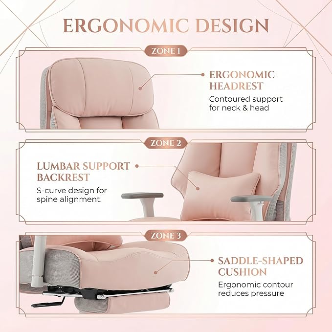 Big and Tall Office Chair 400lbs, Premium PU Leather Executive Chair with Extra Wide Saddle Seat for Cross Legged, 3D Armrests, Footrest, Heavy Duty Ergonomic Reclining Desk Chair (Pink)