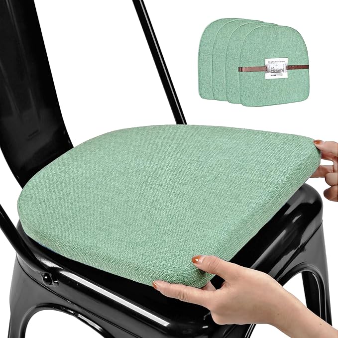 BUYUE Friendly Woven Fabric 14x14 Magnetic Cushions for Metal Chair Set of 4, Enhanced Anti-Slip Seat Pads for Dining Kitchen Café Stackable Chairs (U-Shape, Light Green, 4 Counts)