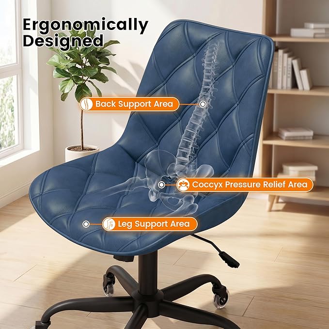Armless Office Chair, Mid Back Modern Desk Chair with Rubber Wheels, 360 Swivel PU Leather Office Chair No Arms, Adjustable Height Small Computer Chair, Armless Desk Chair for Office, Navy Blue
