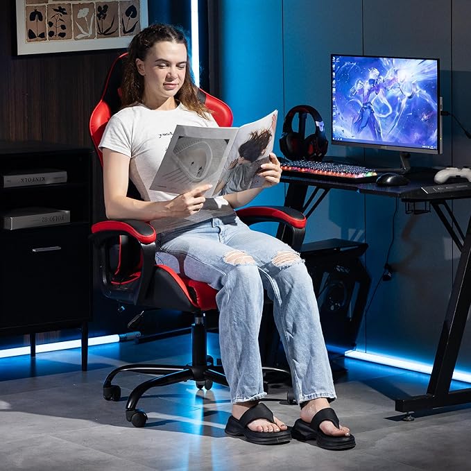 Gaming Chair PU Leather Massage PC Video Game Chair with Lumbar Support for Men Women, Home Office, Height Adjustable, Ergonomic, High Back, Red